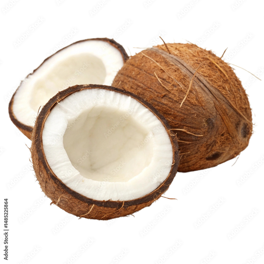 Fresh Whole and Halved Coconut with White Flesh isolated PNG or Transparency Background Fresh Whole and Halved Coconut with White Flesh isolated PNG or Transparency Background