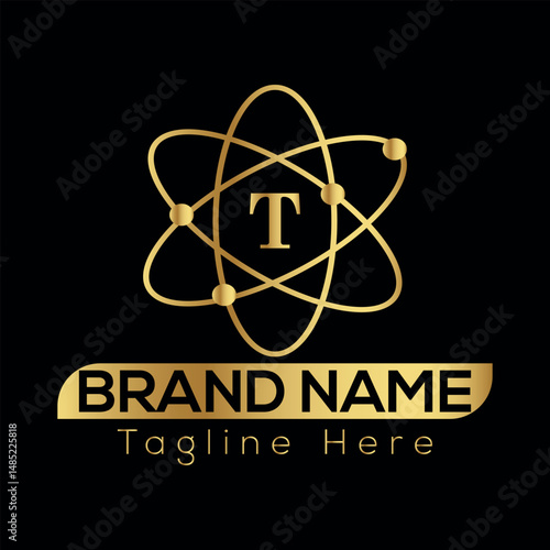 This atomic symbol vector illustration icon represents the science of an atom with its nucleus and orbiting electrons, a design often used to signify nuclear energy and T logo design