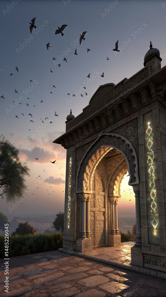 Obraz premium Archway of Serenity: A historic archway stands majestically, its intricate architecture framing a tranquil landscape beneath a sky dotted with birds, invoking a sense of timelessness and peace.