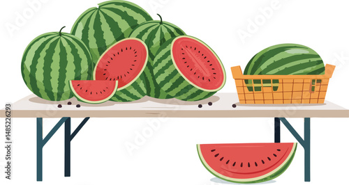 Watermelon with watermelon slice on table in white background, Watermelon Illustration vector design