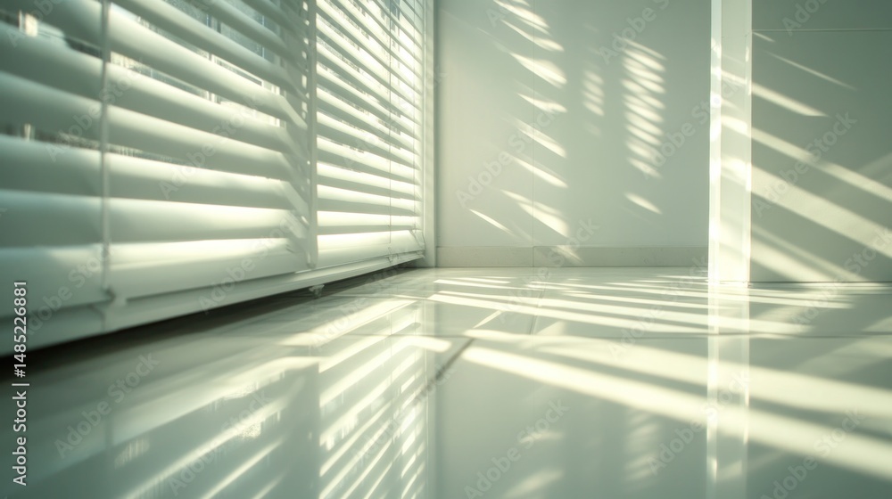 Obraz premium Sunlit Serenity: White Blinds and Gleaming Floor