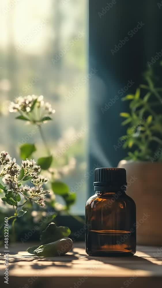 Aesthetic amber bottle amidst blooming flowers and greenery, capturing tranquility in a sunlit room Aesthetic amber bottle amidst blooming flowers and greenery, capturing tranquility in a sunlit room