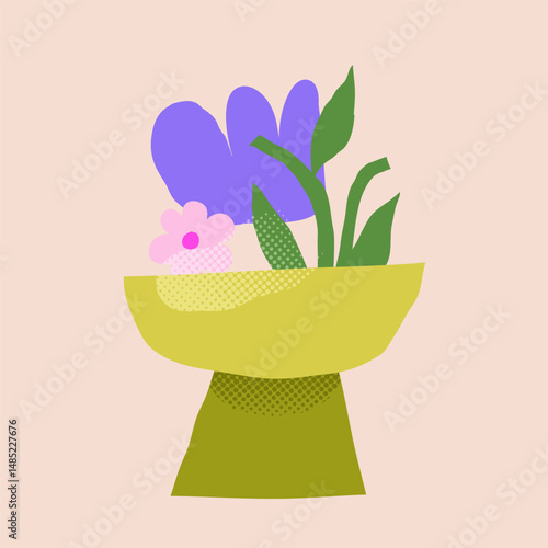 Vector paper cutout flat vase with abstract flowers bouquet in pastel tones, featuring halftone texture and collage style. Minimalist hand drawn illustration for posters, invitations, and web design