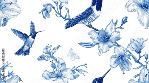 Vintage Hummingbirds and Botanical Flowers in Elegant Hand-drawn Blue Engraving Style – ideal for Retro Art Prints