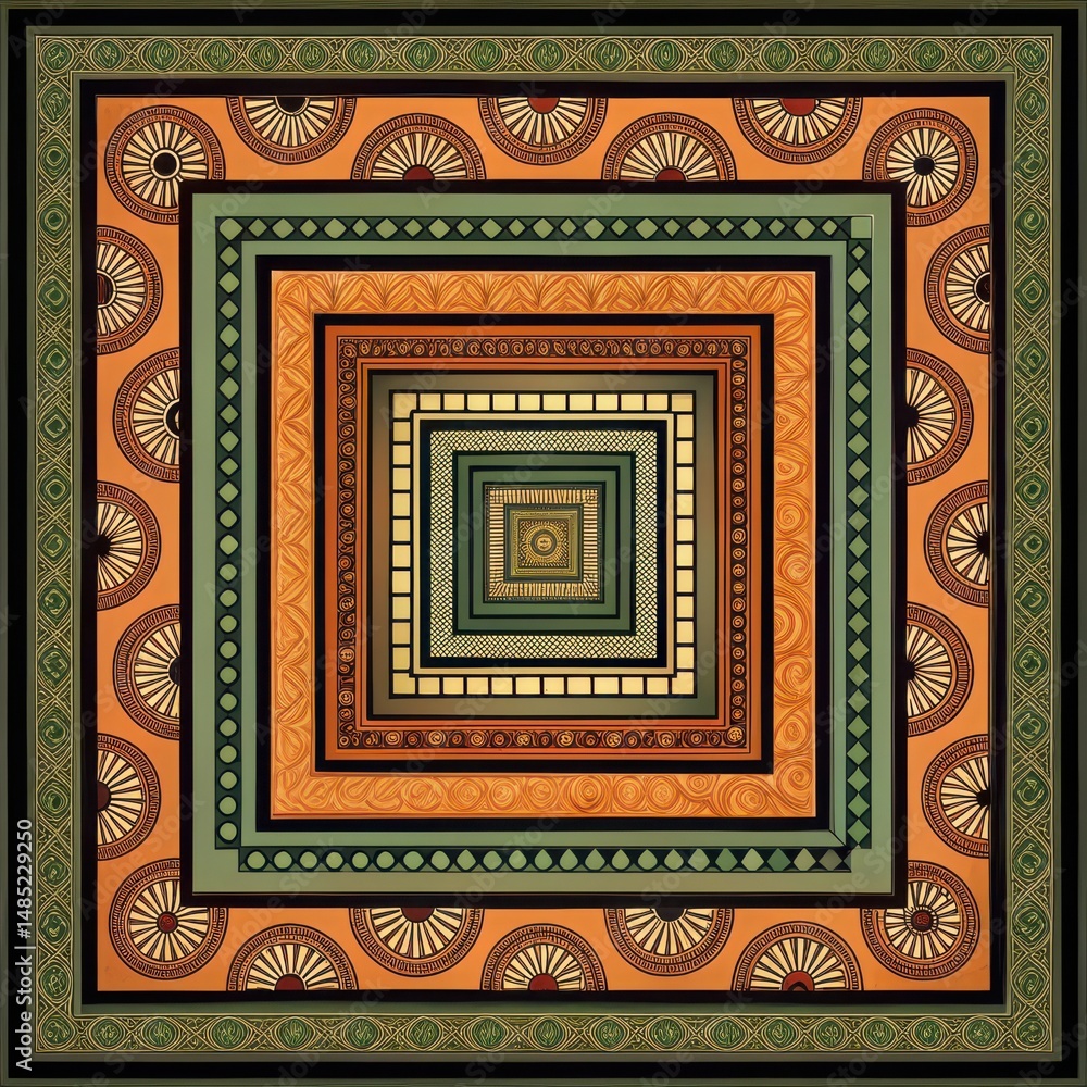 Concentric squares with layered patterns incorporating earthy tones and contrasting black Concentric squares with layered patterns incorporating earthy tones and contrasting black