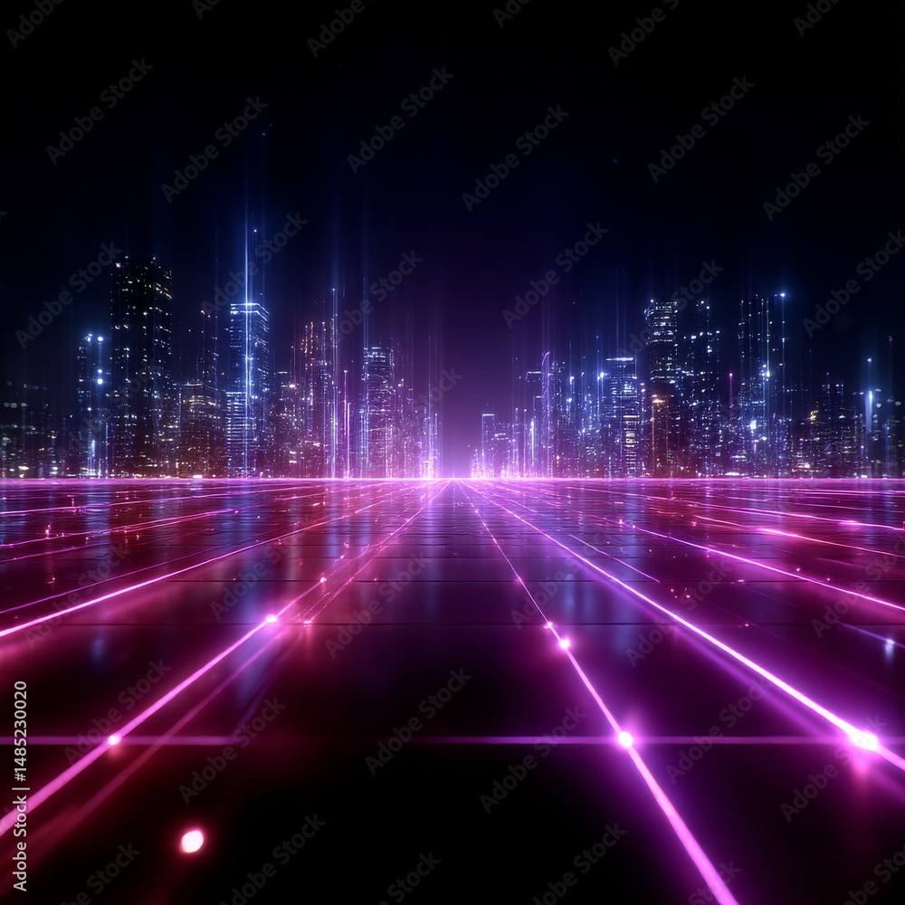Futuristic Cityscape with Glowing Pink Gridlines and Reflections: A Cyberpunk Metropolis at Night Futuristic Cityscape with Glowing Pink Gridlines and Reflections: A Cyberpunk Metropolis at Night