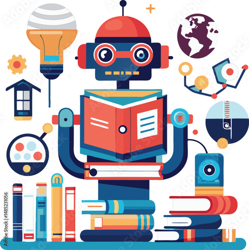 Educational Robot with Books and Science Icons in Flat Design