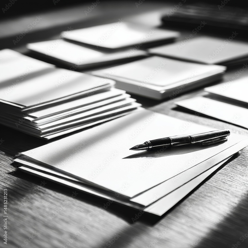 Fototapeta premium Monochrome Elegance: Pen and Paper in Shadow and Light, a Study of Minimalism and Creative Potential 