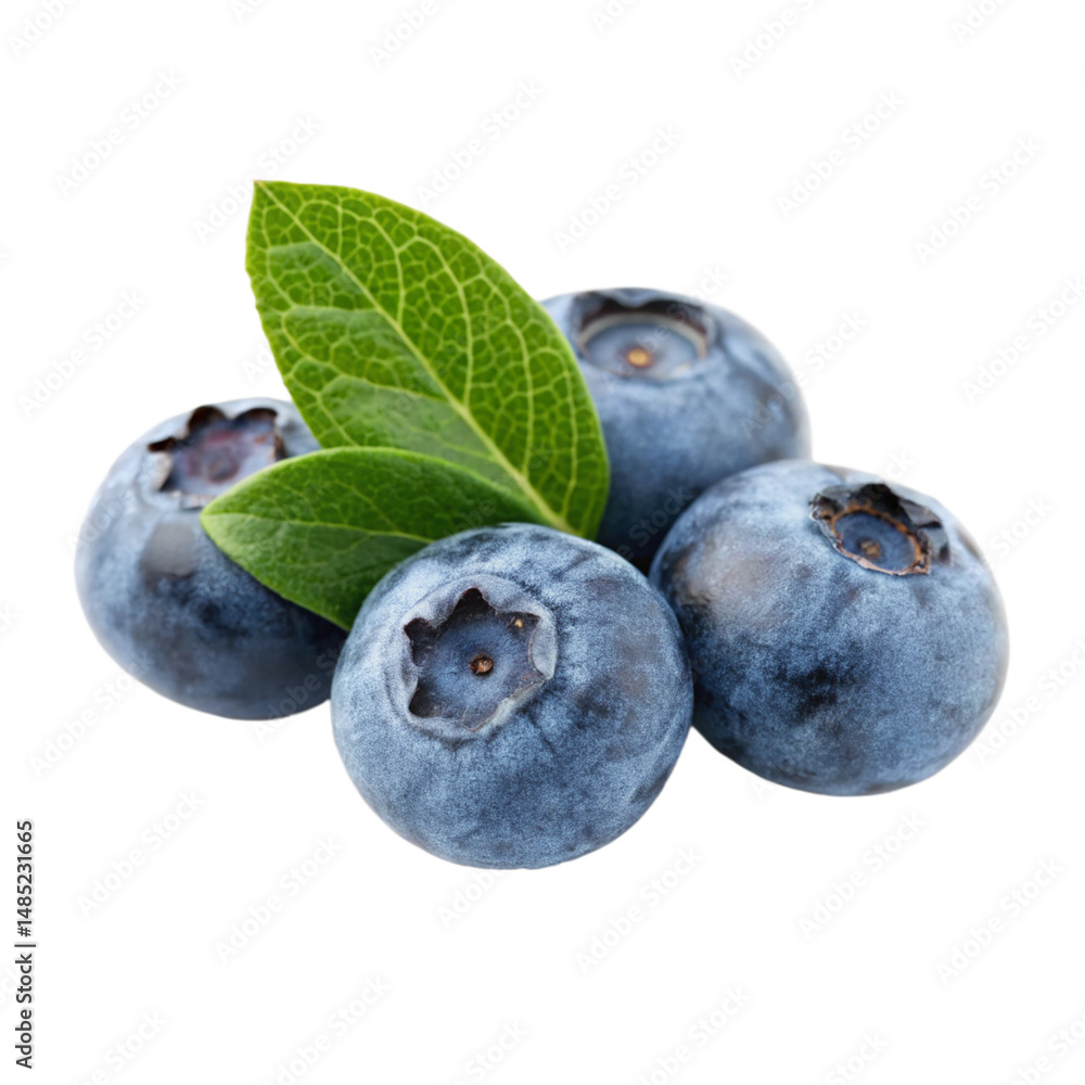 Obraz premium Fresh Blueberries with Green Leaves isolated PNG or Transparency Background