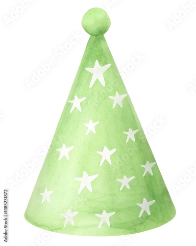 Watercolor style light green birthday party hat with white stars on a transparent background.