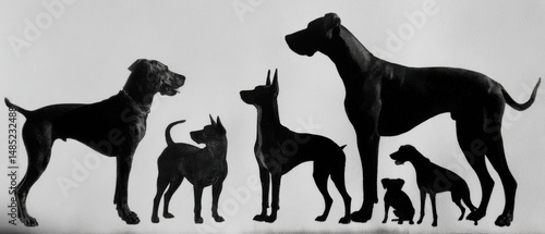 Dog Breeds Silhouette Lineup Studio Shot Canine Diversity Great Dane Chihuahua Doberman Pinscher Labrador Retriever Terrier Poodle Variety