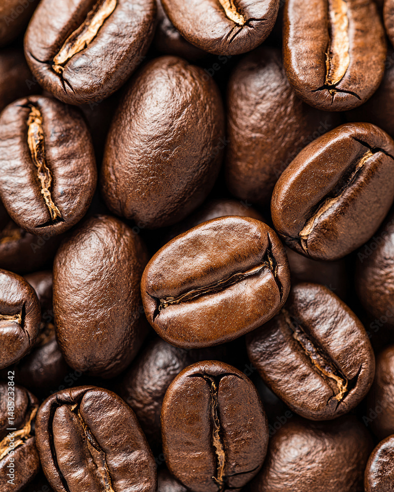 Naklejka premium Fresh coffee beans close-up, showcasing their rich texture and glossy surface, perfect for any coffee lover.