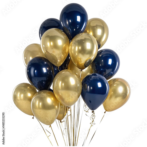 Navy Blue and Gold Balloons Bouquet for Celebrations isolated PNG or Transparency Background