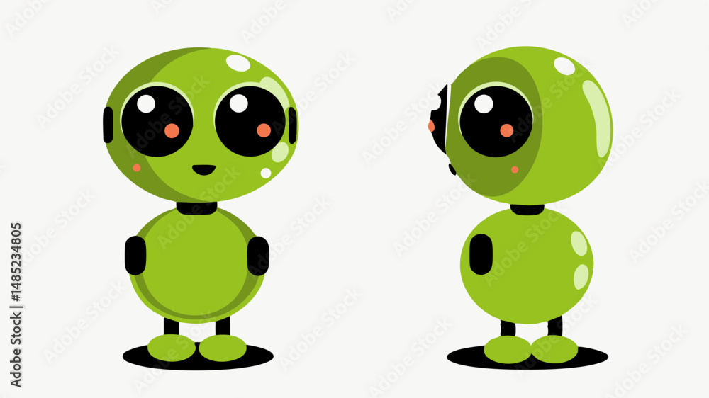 Obraz premium Two green cartoon robots with large eyes and small smiles standing side by side on a white background