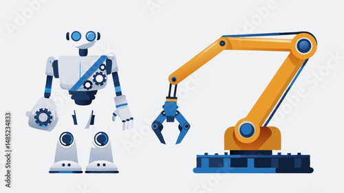Illustration of a humanoid robot with gears and an industrial robotic arm on a light background scene