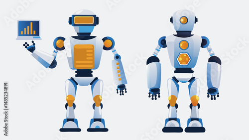 Two robots one holding a laptop with a graph on the screen standing side by side on a white background