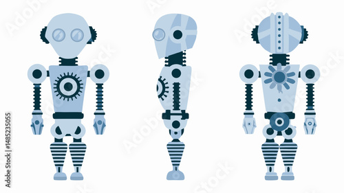 Three views of a stylized robot with visible gears and articulated limbs on a white background flat design