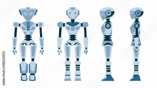 Illustration of a robot in multiple views including front and side profiles on a white background