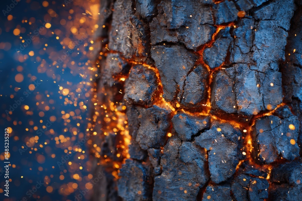Fototapeta premium Close-up of Burning Tree Trunk with Cracked Bark, Fire Lines, Sparks and Ashes, High-Contrast Macro Shot, Nature in Danger Concept, AI Generated