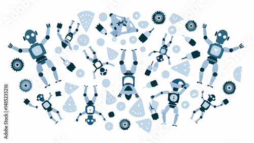 A whimsical array of stylized robots gears and cheese slices scattered across a white background design space