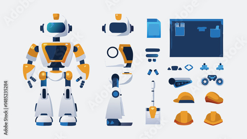 Illustration of a disassembled robot with various parts including head, torso, limbs, and accessories