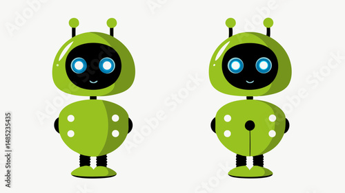 Two green robots with black faces and blue eyes standing side by side on a white background showing details
