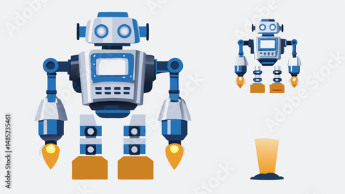 Two blue and white robots with glowing orange torches isolated on transparent background