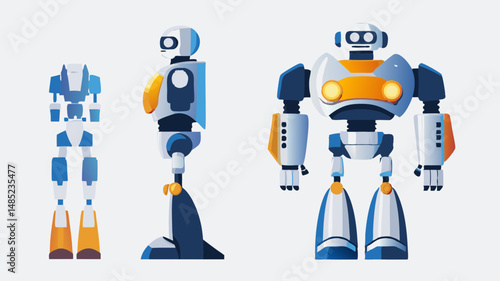 A blue and orange robot with yellow accents in three poses, including assembled and disassembled views, isolated on transparent background