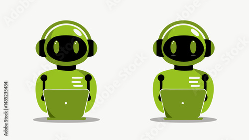 Illustration of two green robots with headphones working on laptops against a white background scene