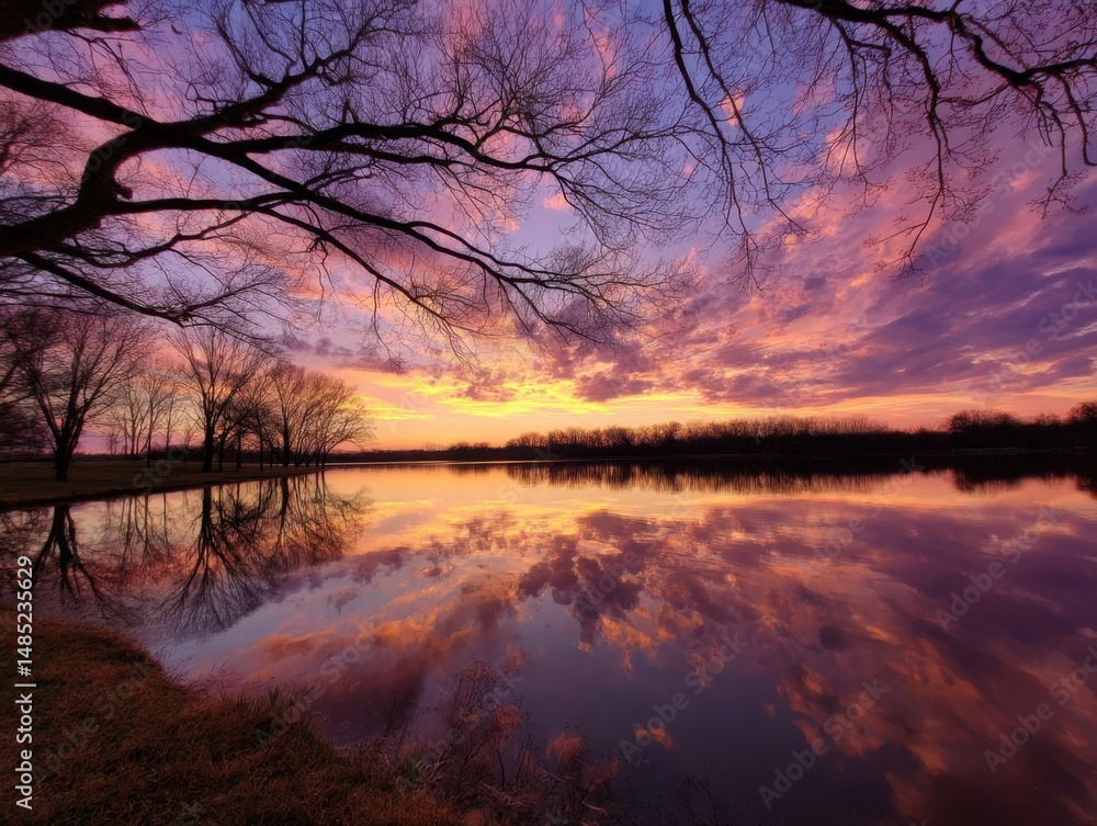 Lake at Sunset Reflection with Bare Trees and Colorful Sky in Rural Landscape at Golden Hour Lake at Sunset Reflection with Bare Trees and Colorful Sky in Rural Landscape at Golden Hour