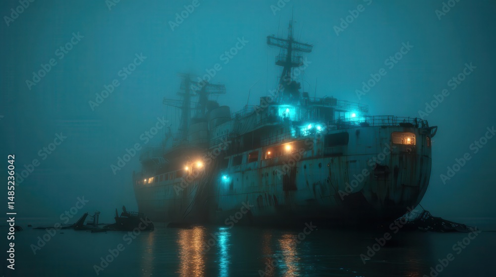 Fototapeta premium Abandoned ship in foggy waters with eerie blue lights and mysterious atmosphere at dusk