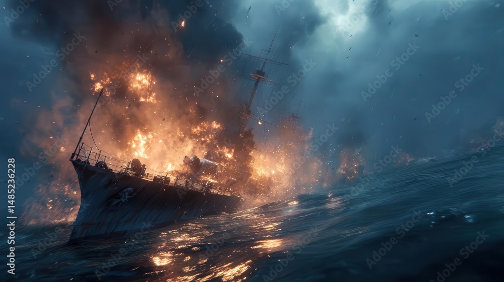 Fototapeta premium Dramatic scene of a burning ship sinking in turbulent waters during a stormy night