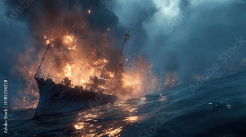 Dramatic scene of a burning ship sinking in turbulent waters during a stormy night