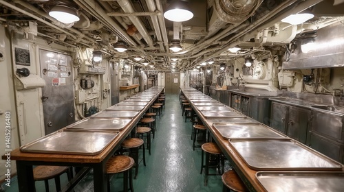 Interior view of a naval ship's mess hall with long tables and stools, illuminated by overhead lights