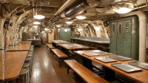 Interior view of a submarine mess hall featuring long wooden tables and metal benches