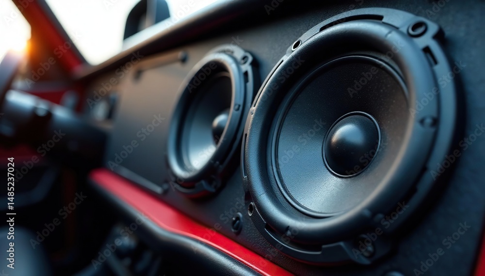 High-quality car speakers installed in a vehicle's door Close-up view showing details , car accessories, bass High-quality car speakers installed in a vehicle's door Close-up view showing details , car accessories, bass