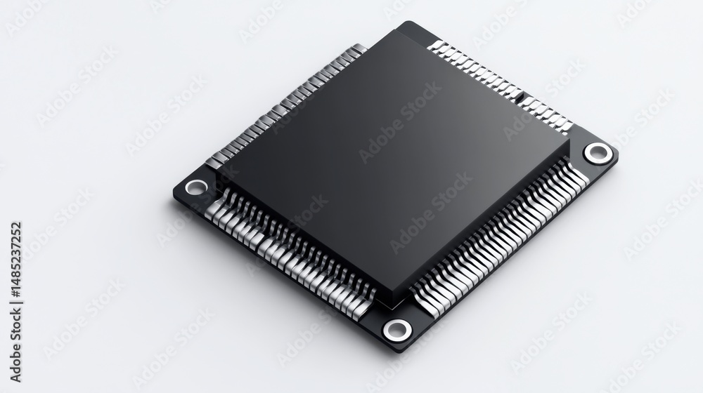 Black Microchip with Pins on a Light Background for Technology and Electronics Use Black Microchip with Pins on a Light Background for Technology and Electronics Use