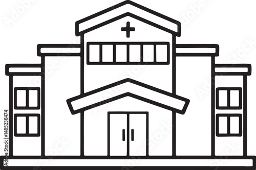 modern hospital building line art, black outline, vector and illustration, coloring book page line art drawing