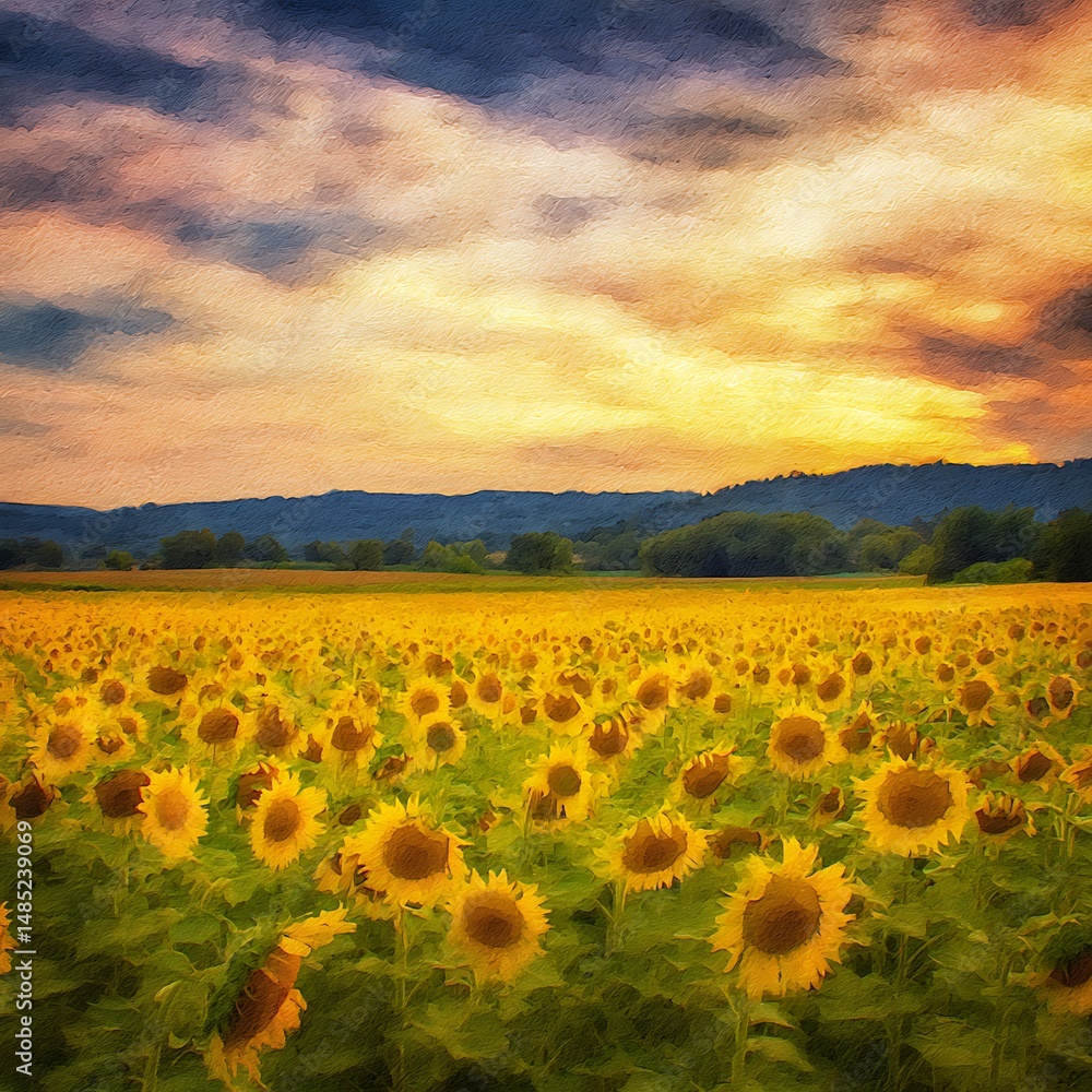 Fototapeta premium Sunflowers at Sunset A Vibrant Impressionistic Landscape.