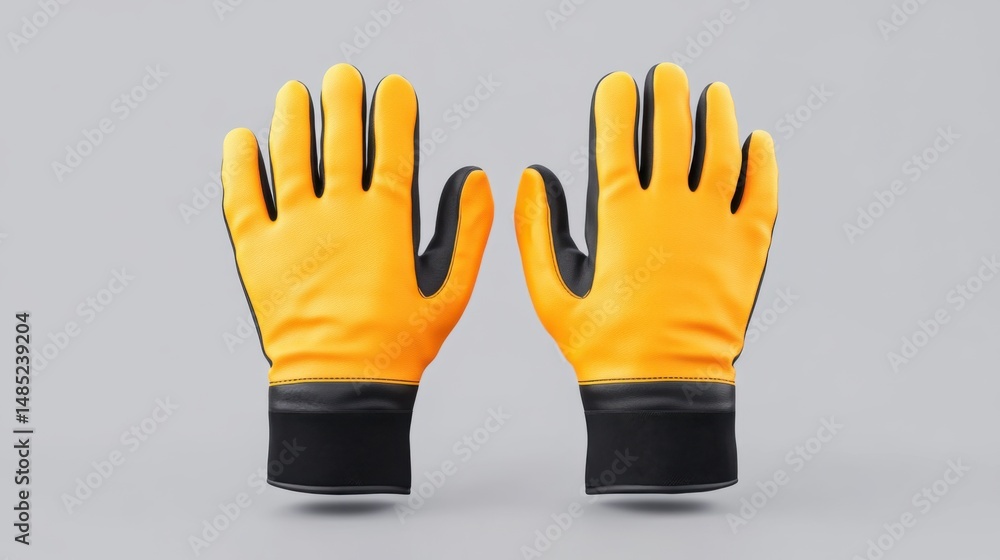 Obraz premium Bright Yellow Protective Gloves on Gray Background for Industrial Use and Safety