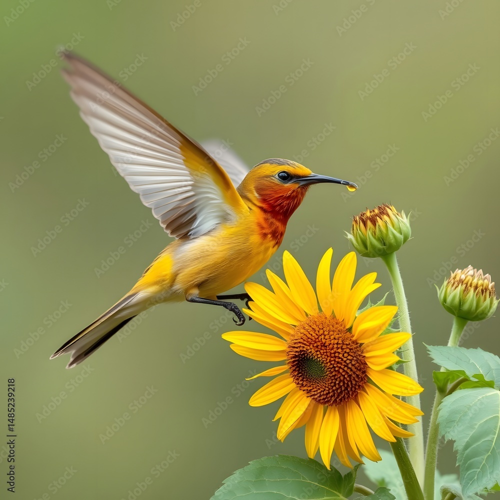 Fototapeta premium Colorful hummingbird with beautiful green feathers flying near a vibrant flower, a truly wild and stunning nature animal