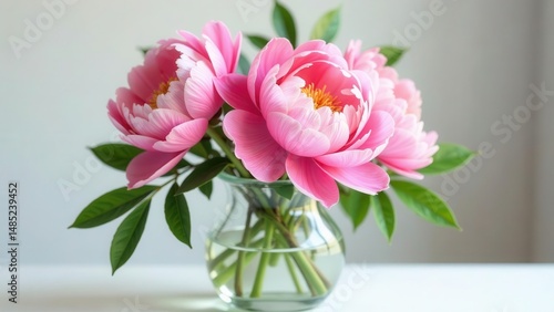 Wallpaper Mural A delicate bouquet of light pink peonies arranged in a clear glass vase sits on a white surface, bathed in soft natural light Torontodigital.ca