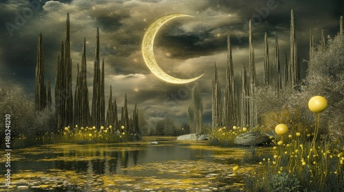 Serene nightscape crescent moon above a tranquil swamp, with unusual flora and tall, slender trees reflecting in still water