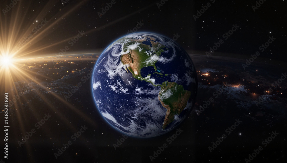 Fototapeta premium Earth viewed from space with sunray illuminating the surface