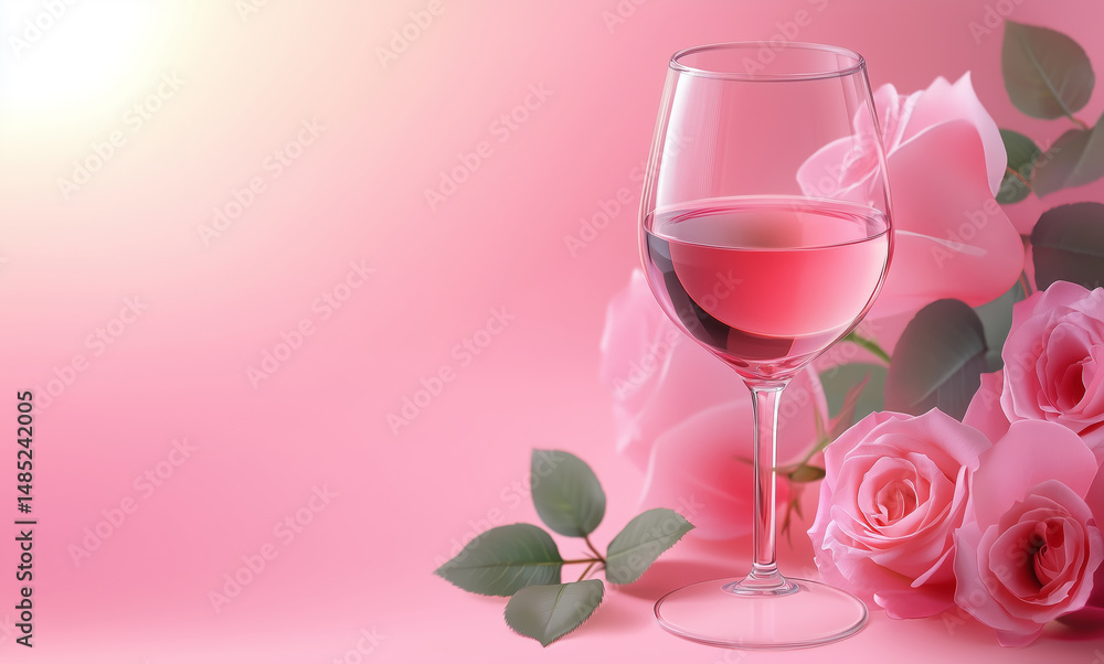 Elegant glass of rose wine with pink roses on a pastel background Elegant glass of rose wine with pink roses on a pastel background