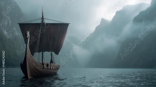 A majestic Viking ship sails through misty fjords, surrounded by towering mountains and serene waters