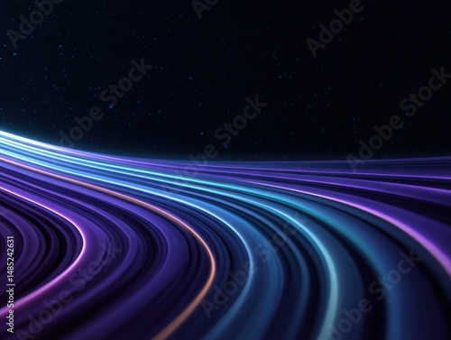 Abstract curved light trails on dark background creating a sense of motion and futuristic technology concept with blue and purple hues