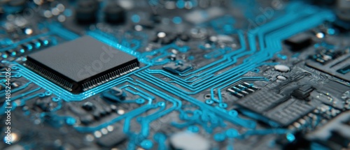 Close-up of Modern Computer Circuit Board with CPU and Blue Traces, Technology Concept, Studio Shot, Abstract