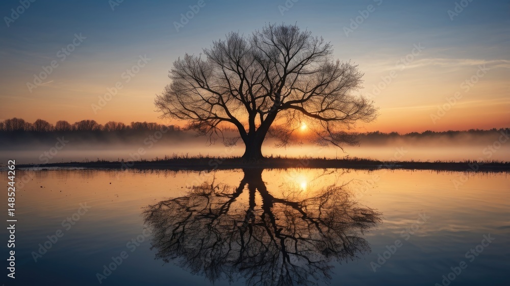 Sunset Mist Over Lake with Single Tree Reflection Sunset Mist Over Lake with Single Tree Reflection