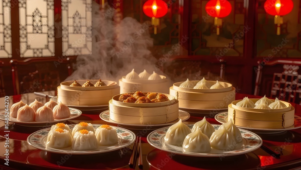 Naklejka premium Delicious Steamed Dim Sum in a Traditional Chinese Restaurant